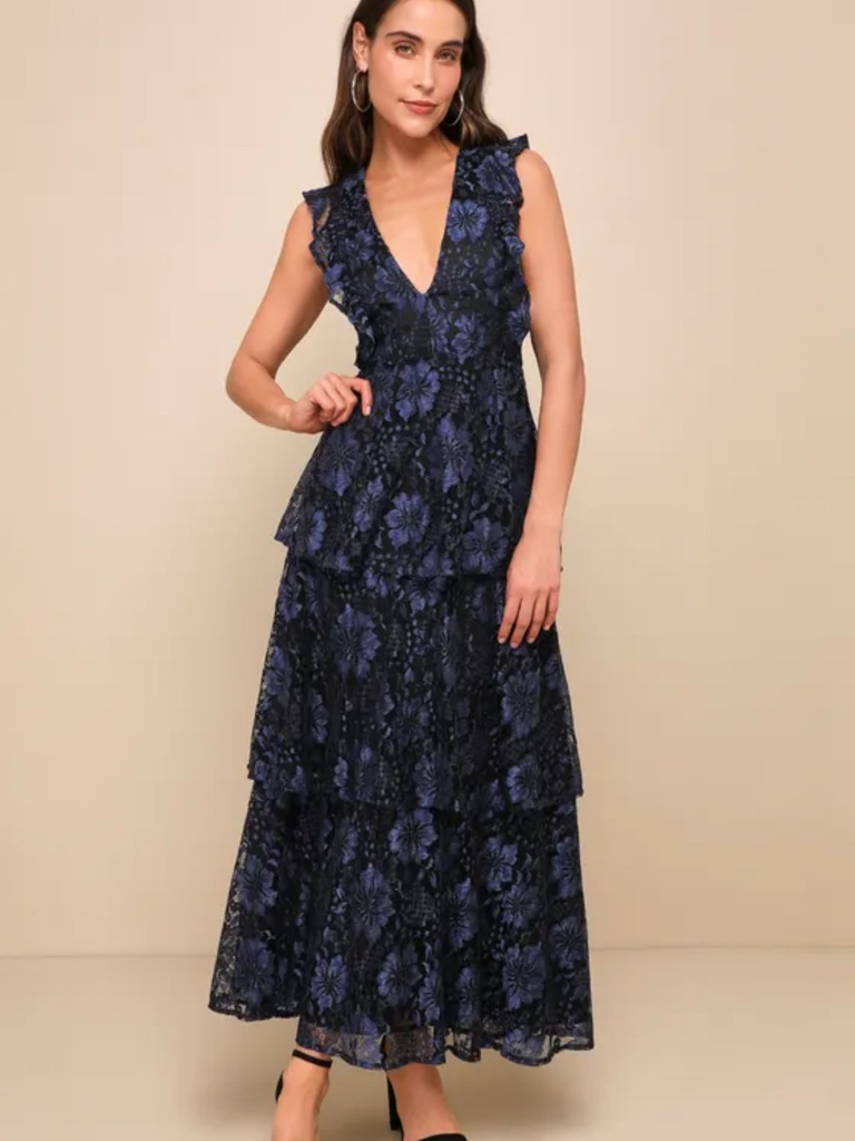 Sleeveless Navy Blue Floral Lace Maxi Dress